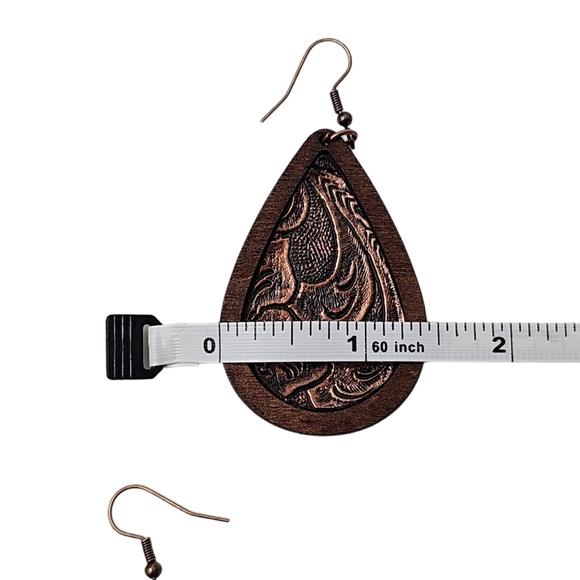 Wooden Faux Leather Vegan Drop Earrings - Picture 4 of 5